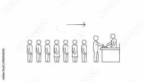 People standing in line at a counter with an arrow indicating direction.