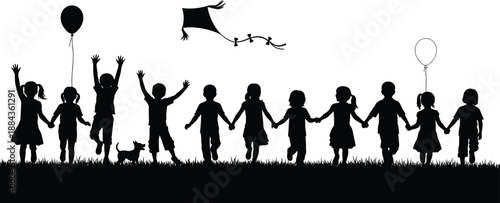 Happy children silhouettes holding hands with balloons kite and dog, joyful childhood friendship freedom unity imagination concept isolated on white background