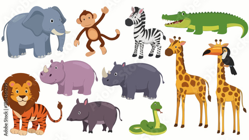 A vibrant collection of diverse wild animals commonly found in a safari or zoo setting, depicted in a playful cartoon style.