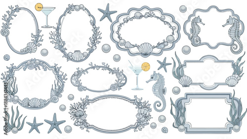 A collection of ornate, decorative frames with a nautical and marine theme, featuring seashells, starfish, coral, and seahorses.