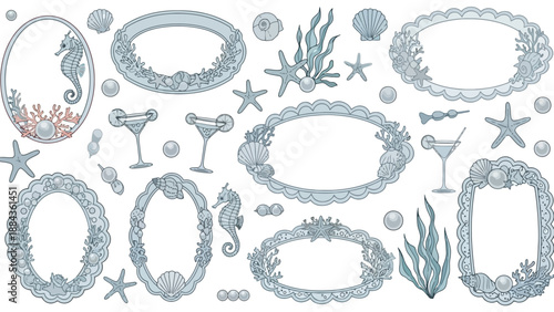 A collection of decorative oval and rectangular frames with a nautical and marine theme, featuring seashells, starfish, seahorses, pearls, and coral.