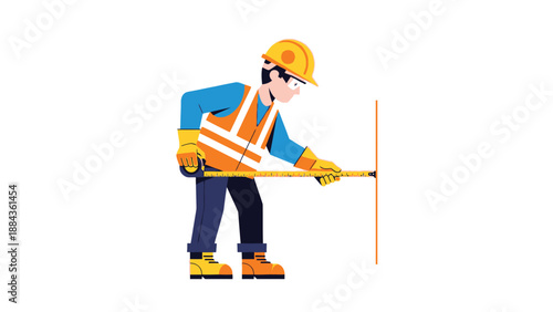 A construction worker measures a vector line with a tape on a site.