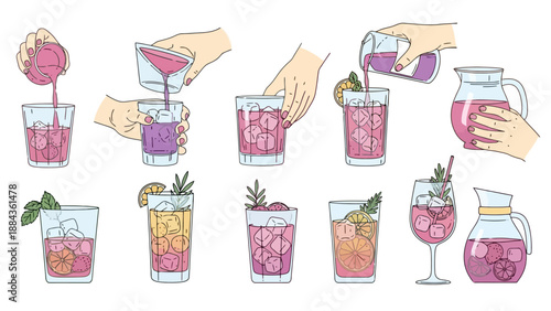 Collection of illustrations showing the preparation and serving of various colorful cocktails with ice and garnishes.