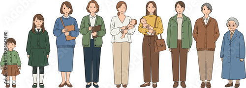 Life cycle and aging process of a woman from childhood to senior age vector illustration