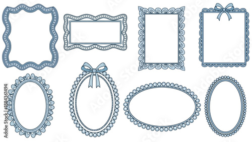 Collection of eight decorative blue lace-style picture frames in various shapes and sizes.