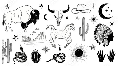 A collection of hand-drawn Western-themed illustrations including a bison, horse, cowboy hat, cactus, snake, and Native American headdress.