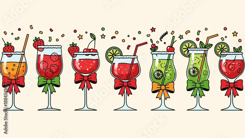 A collection of festive holiday-themed cocktails decorated with ribbons and fruit garnishes.