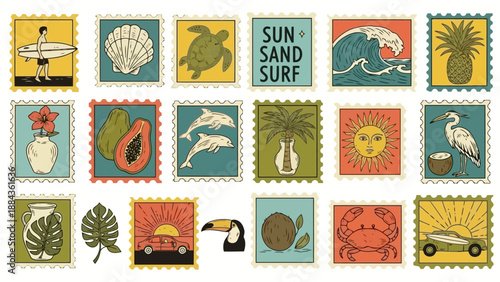 A collection of colorful postage stamps featuring tropical and beach-themed illustrations.
