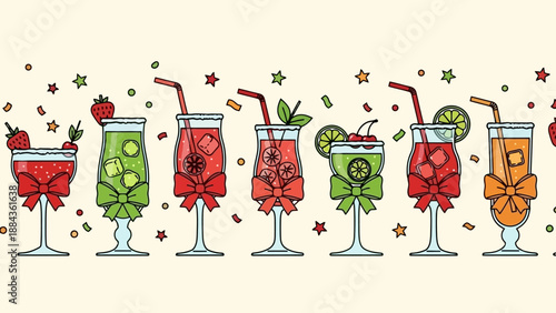 A festive collection of colorful cocktails adorned with bows and garnishes, set against a light background with confetti.
