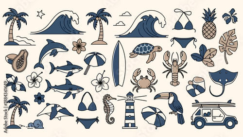 A vibrant collection of summer beach and ocean-themed illustrations, featuring marine life, tropical plants, and vacation elements.