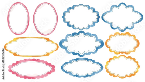 A collection of colorful, decorative, and empty frames and labels in various shapes and sizes, suitable for graphic design elements.