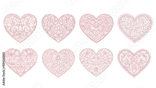 Collection of eight delicate pink lace heart illustrations with intricate floral patterns.