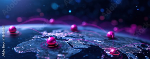 A futuristic digital representation of a global network, showcasing interconnected locations with vibrant nodes and data streams.