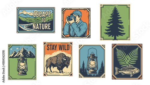 A collection of seven vintage-style illustrations depicting nature and outdoor adventure themes.