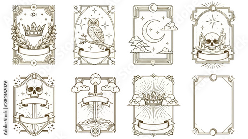 Collection of eight ornate vintage frames with mystical and symbolic elements like crowns, skulls, owls, and celestial bodies.