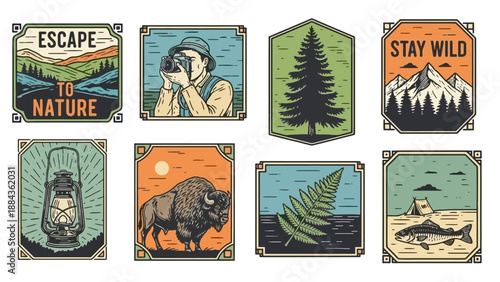 Collection of vintage-style outdoor adventure and nature-themed illustrations, featuring camping, wildlife, and scenic landscapes.