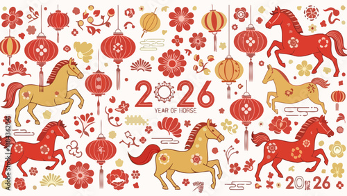 A vibrant illustration celebrating the Year of the Horse in 2026, featuring stylized horses, traditional lanterns, and floral motifs in red and gold.