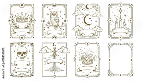A collection of eight ornate, vintage-style tarot card illustrations featuring mystical symbols and celestial elements.