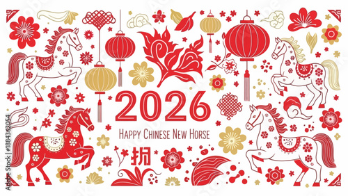 A festive illustration celebrating the Chinese New Year of the Horse in 2026, featuring traditional red and gold lanterns, floral motifs, and stylized horses.