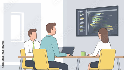 Team Collaboration Developers Reviewing Code on a Large Screen.