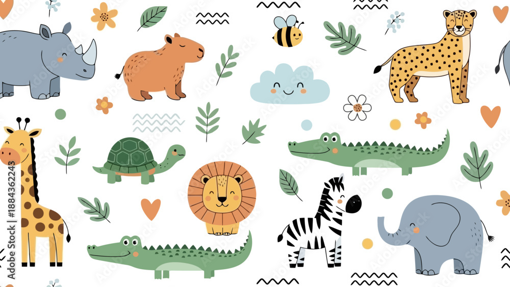 Fototapeta premium A vibrant and playful seamless pattern featuring a collection of cute cartoon jungle animals and natural elements on a white background.
