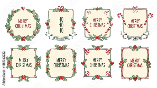 A collection of eight hand-drawn Christmas-themed decorative frames and borders with festive elements like holly, berries, pine needles, and candy canes.
