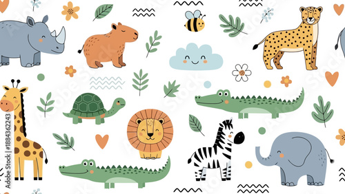 A vibrant and playful seamless pattern featuring a collection of cute cartoon jungle animals and natural elements on a white background.
