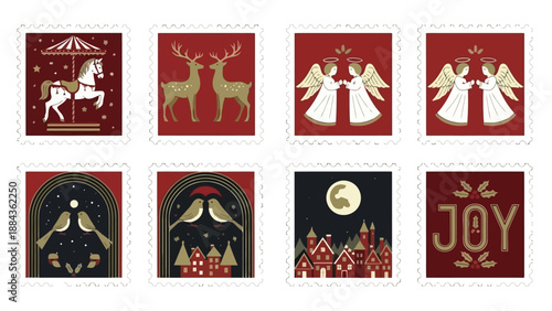 A collection of eight festive Christmas-themed postage stamps featuring various holiday motifs.