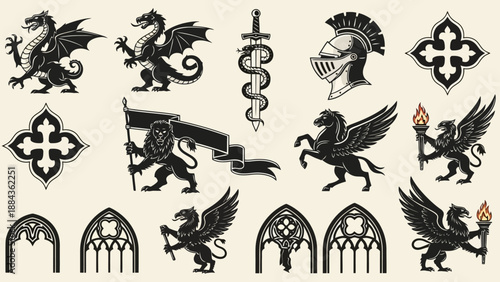 Collection of medieval heraldic symbols including dragons, lions, griffins, pegasus, swords, helmets, and architectural elements.