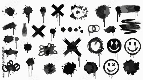 A collection of black and white graffiti elements including splatters, crosses, smiley faces, and abstract shapes.