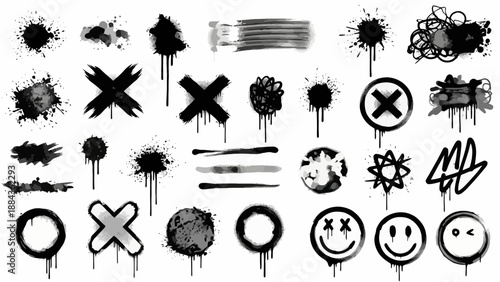 A collection of black and white graffiti-style graphic elements, including splatters, crosses, circles, and smiley faces.
