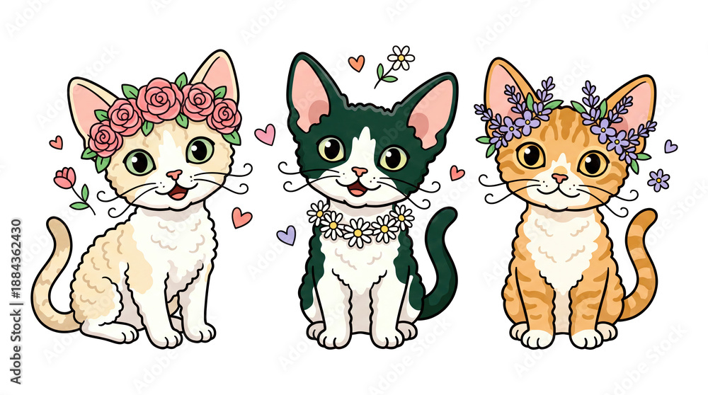 Obraz premium Three Cute Cats with Flower Decorations