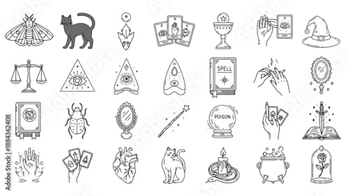 A collection of hand-drawn, black and white illustrations of various mystical and occult symbols and objects, including animals, tools, and magical items.