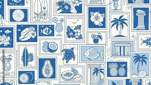 A seamless pattern of blue and white postage stamps featuring tropical motifs like palm trees, fruits, and cocktails.