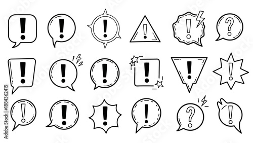 A collection of hand-drawn, sketchy icons featuring exclamation marks and question marks within various speech bubbles and geometric shapes, representing alerts, warnings, and inquiries.