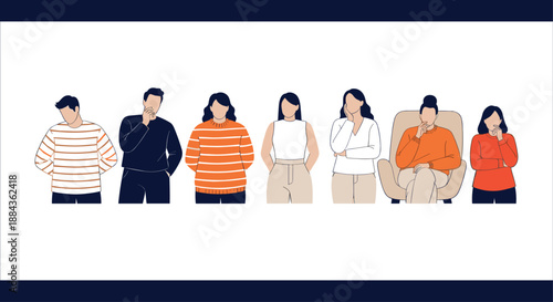 Set of diverse people in various thinking and pensive poses vector illustration in flat design