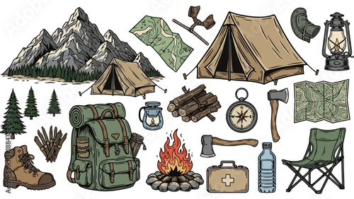 A collection of camping gear and supplies arranged in a flat lay style, including tents, a backpack, a campfire, and mountains.