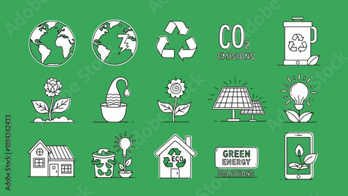 A collection of flat design icons representing environmental conservation, renewable energy, and sustainable living on a green background.