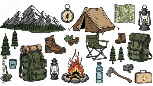 A collection of camping and hiking gear, including a tent, backpacks, boots, a campfire, and mountains.
