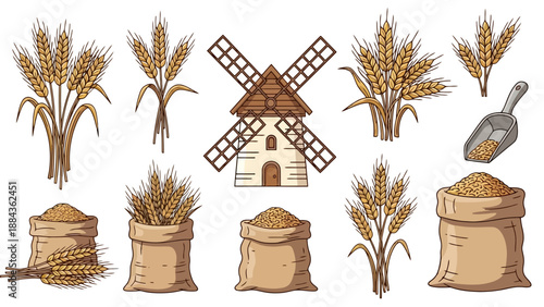A charming collection of hand-drawn illustrations depicting wheat stalks, sacks of grain, and a rustic windmill, perfect for agricultural themes.