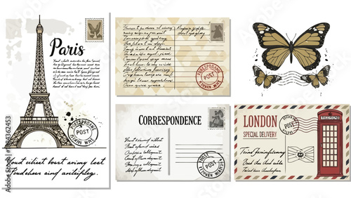 A collection of vintage-style postcards featuring iconic landmarks and motifs, including the Eiffel Tower, butterflies, and a London telephone booth.