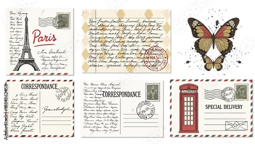 A collection of vintage-style postcards featuring iconic landmarks, handwritten letters, and decorative elements.