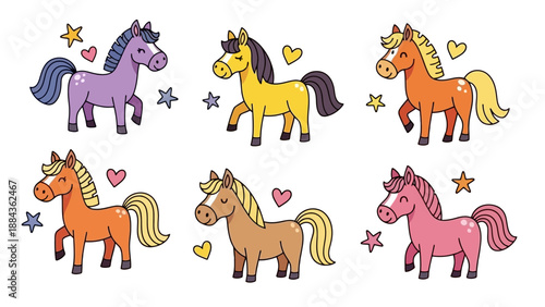 A collection of six cute cartoon horses in various bright colors, adorned with stars and hearts.
