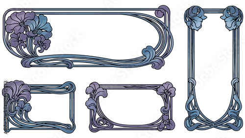 Collection of four ornate Art Nouveau style decorative frames with floral motifs in shades of blue and purple.