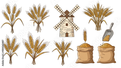Collection of wheat stalks, sacks of grain, and a windmill, illustrating agricultural harvest and processing.