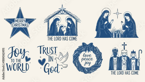 A collection of Christmas-themed illustrations featuring religious scenes, festive greetings, and symbols of the holiday season.