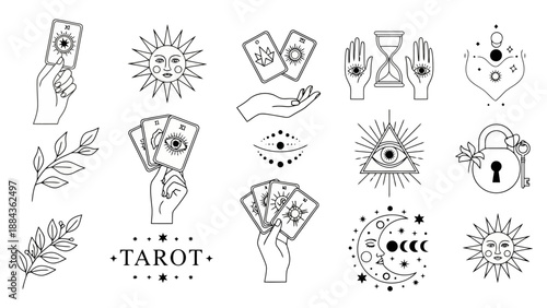 A collection of mystical and esoteric symbols, including tarot cards, celestial bodies, and hands, rendered in a minimalist line art style.