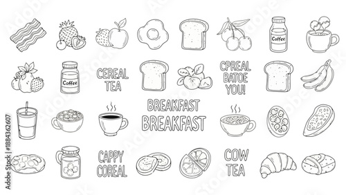 A collection of hand-drawn breakfast food and drink illustrations, including bacon, fruits, eggs, toast, coffee, tea, cereal, and pastries, presented in a grid layout.