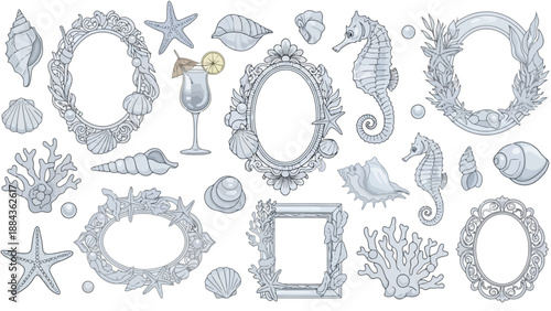 A collection of ornate, decorative frames and nautical elements with a seashell and coral theme.
