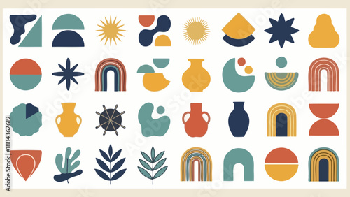 A vibrant collection of abstract geometric shapes and organic forms in a warm, earthy color palette, arranged in a grid.